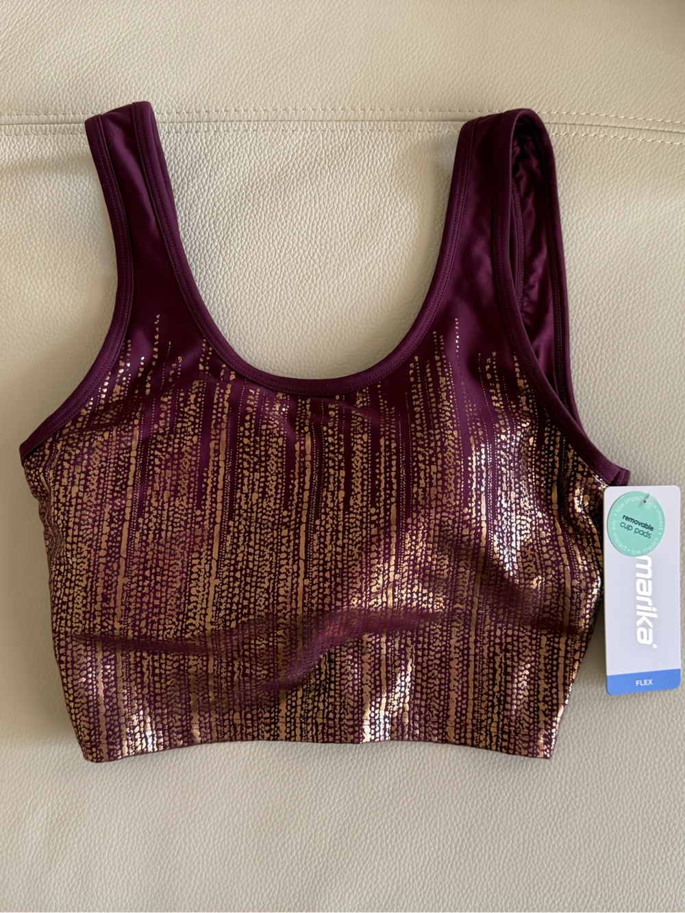 Marika Burgundy and Gold Foil Sports Bra NWT